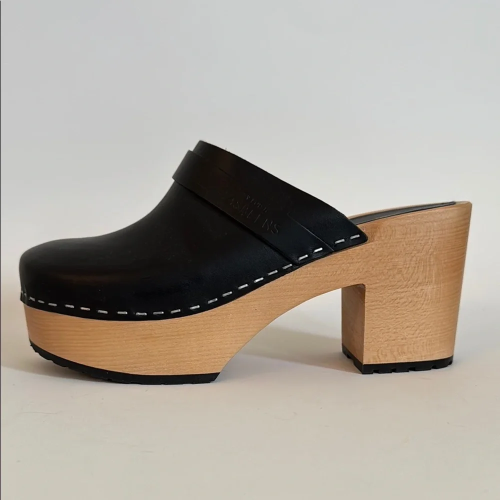 Swedish Hasbeens LOUISE Black Leather Platform Clogs Heels 38 - Picture 5 of 10